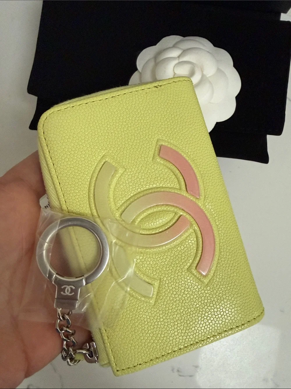 CHANEL Lemon Yellow CC Logo Key Card Holder with Chain
